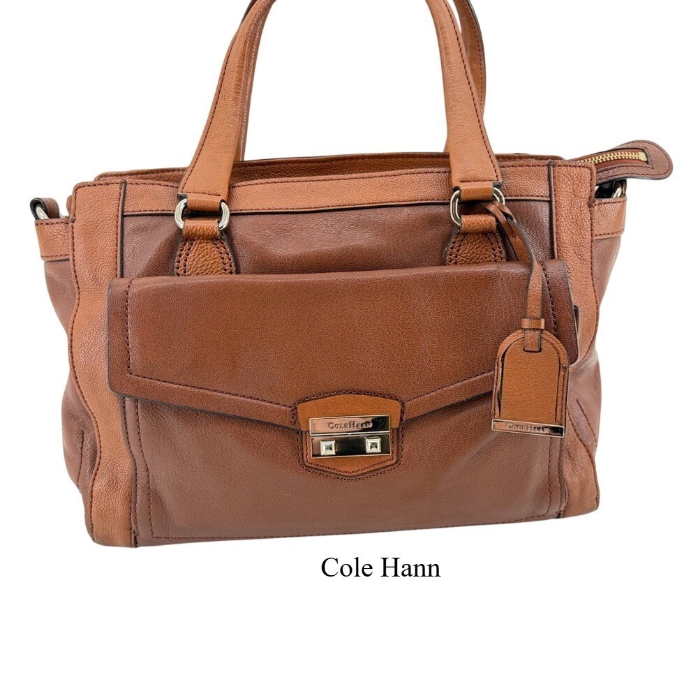 Cole Haan Brown Pebbled Leather Satchel Handbag Two-Tone Gold Hardware
